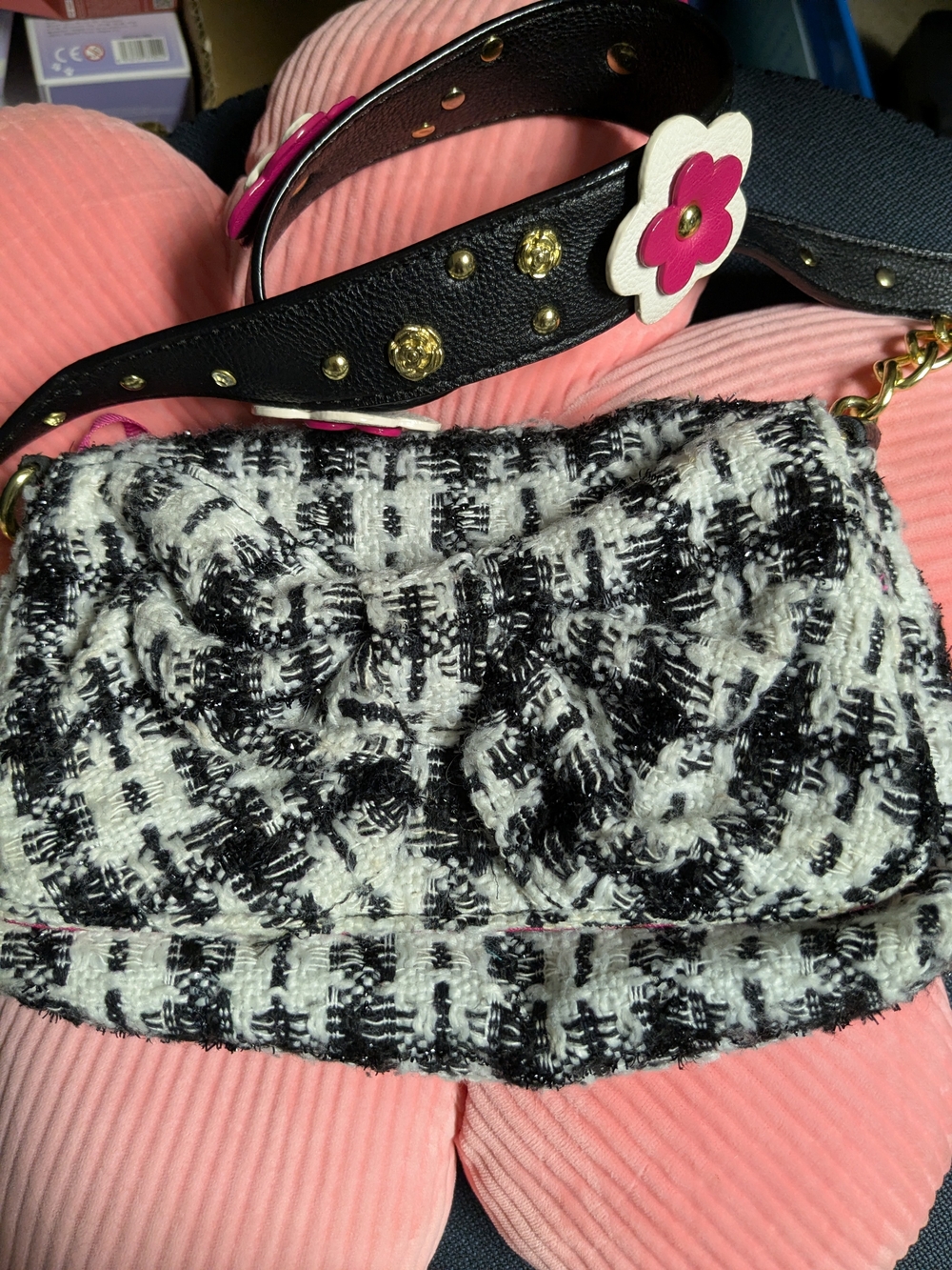 Betsey Johnson Black and White Tweed Shoulder Bag with Floral Strap Accent